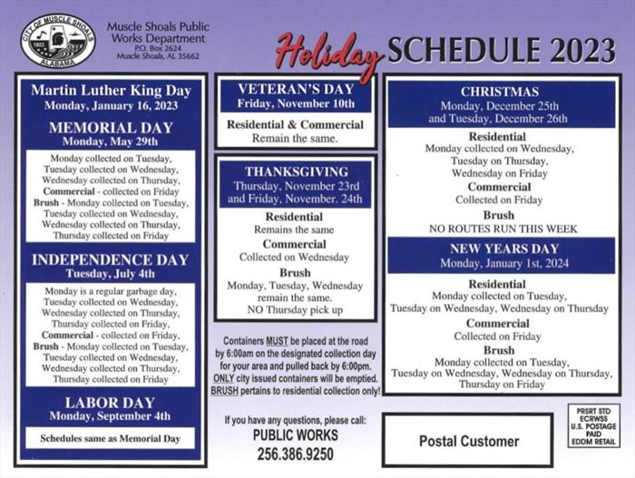 Muscle Shoals: Holiday Sanitation Schedule 2023